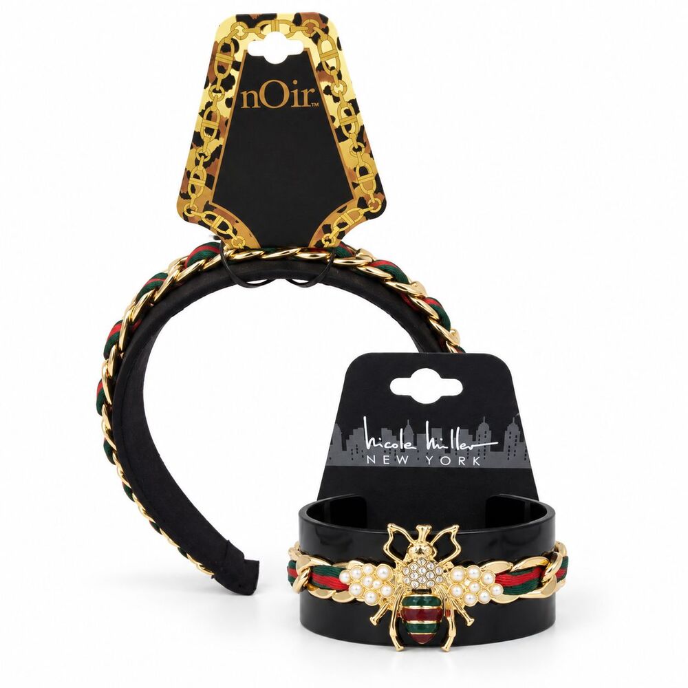 nOir Headband Nicole Miller Bracelet Set Red Green Gold Chain Bee New Tags